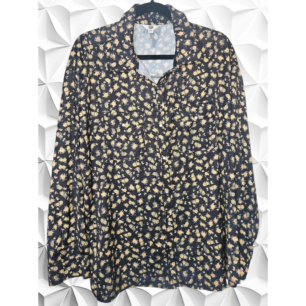 Ascot and Hart Black Floral Western Snap Button Down Shirt XXL Long Sleeve